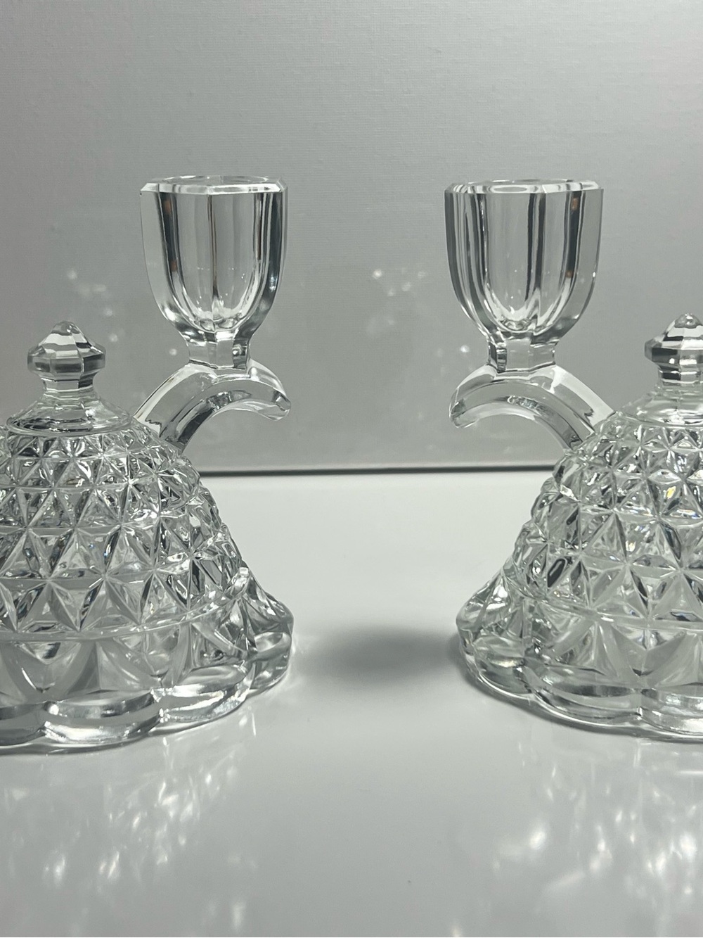 VTG Imperial Glass Katy Laced Edge Double Candlestick & Footed Bowl Set- pair